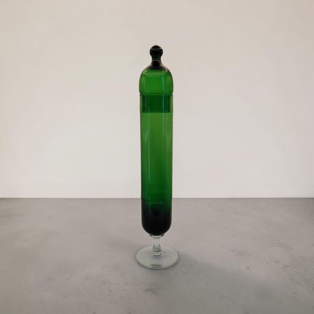 Vtg 1960's Italian Empoli Green Art Glass Footed Apothecary Jar with Lid